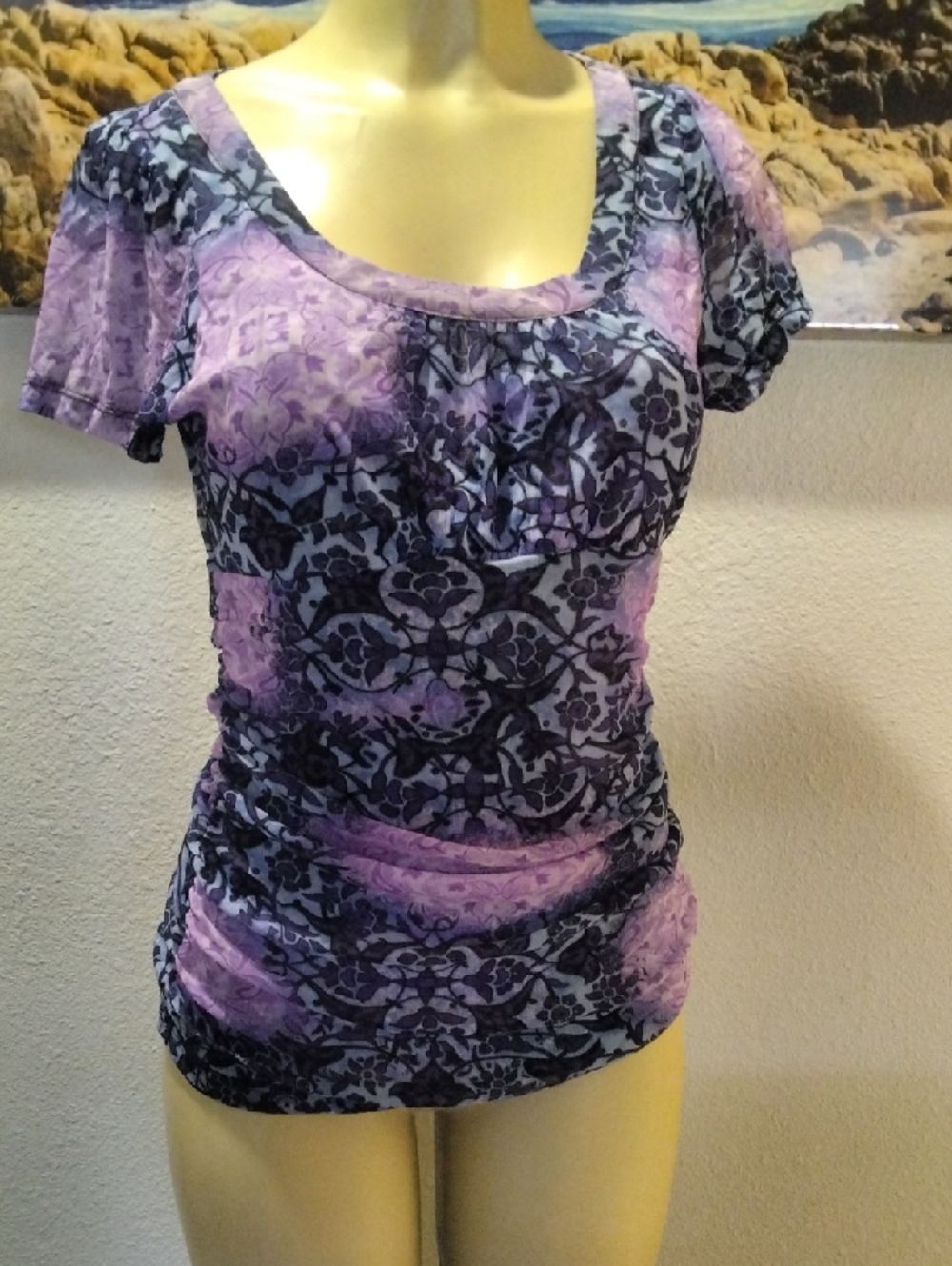 INC International Concepts Purple Floral-Pattern Short Sleeve Top